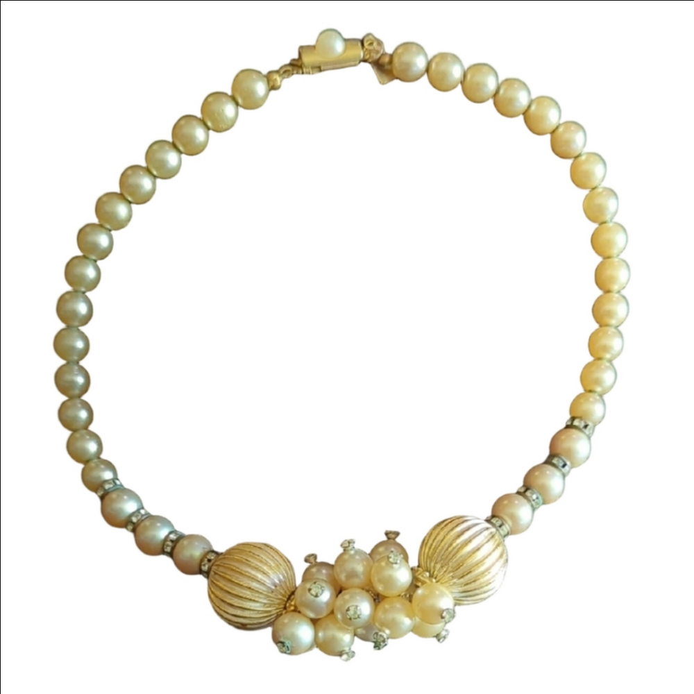 Gold Necklace with Textured Beads and Crystal Accents